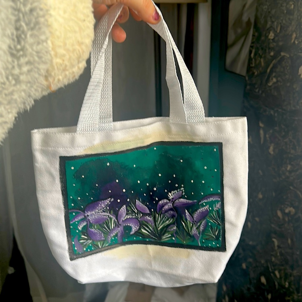 Hand painted little white canvas tote